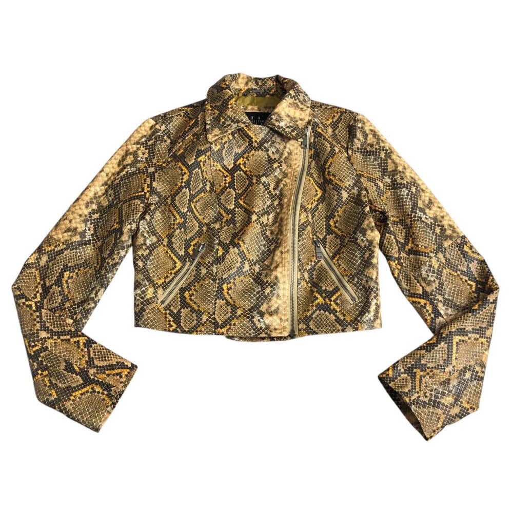 LA Coalition Jacket‎ Womens Small Snakeskin Faux Leather Cropped Moto Mob Wife